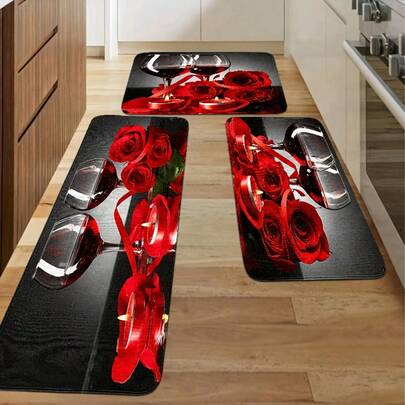 A/3 Kitchen Mats, Featuring A Red Kitchen Carpet And Set, A Small Carpet Kitchen Decor With A Red Wine Theme, A-Patterned Hallway Runner, Made Of Soft And Comfortable Flannel Material That Is Non-Slip And Easy To Clean, Suitable Bedrooms, Living Rooms, Dining Rooms, Kitchens, Bathrooms, Entryways, And Laundry Rooms. CI3V