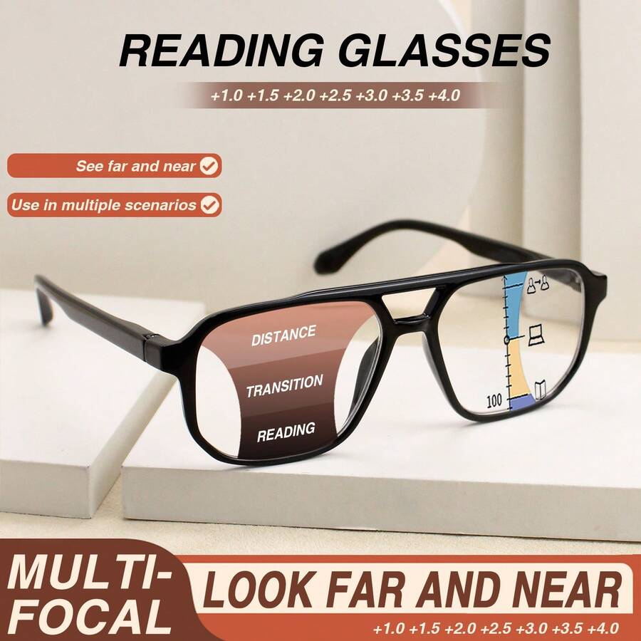 Óculos de leitura multifocais premium de 1 peça, design exclusivo de ponte dupla, lentes progressivas de alta definição, óculos de leitura com esquema de cores clássico, essenciais para negócios e lazer - Preto - Ver 1