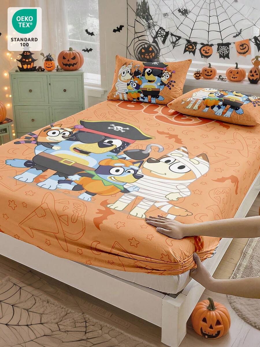 Bluey万圣节数码印花床单，Bluey床上用品，床垫保护套，床罩，床笠，秋季装饰，舒适家纺，透气防起球床垫保护套，柔软亲肤，卡通图案床罩装饰