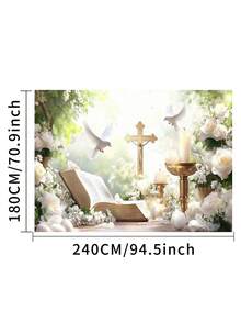 1pc Floral First Holy Communion Baptism Photography Backdrops God Bless White Flowers Peace Pigeons Golden Cross Party Banner 59.1*39.4/82.7*59.1/94.5*70.9/106.3*70.9 Inches Wedding Newborn Shower Birthday Photo Background Indoor Outdoor Decoration Supplies