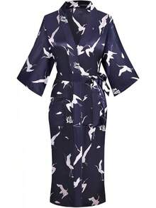 DandyChic Women's Long Floral Satin Robes Imitation Silk Sleepwear Bridal Dressing Gown For Bridesmaid Nightgownhalloween - 紫色/鶴 - 查看 10
