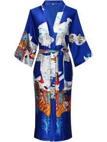 DandyChic Women's Long Floral Satin Robes Imitation Silk Sleepwear Bridal Dressing Gown For Bridesmaid Nightgownhalloween - 寶藍色 - 查看 10