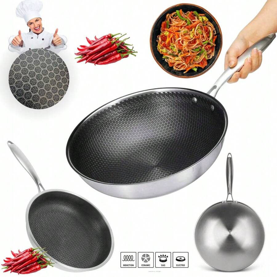 Chảo rán hình lục giác bằng thép không gỉ chống dính, dùng cho bếp từ 20,22,24,26,28,30cm, dùng để chiên và hầm, phù hợp với mọi loại bếp, chảo rán, dụng cụ nhà bếp, bếp gốm cảm ứng và chảo nướng. Chảo Wok. - Bạc - Xem 1