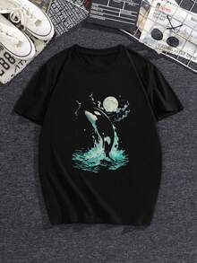 Round Neck Black T-Shirt with Orca Whale and Moon Print for Casual Wear - Negro - Ver 3