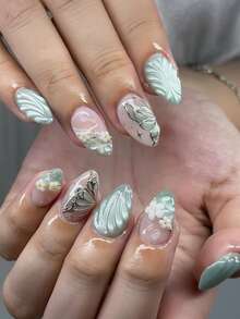 24 de unghii scurte în formă de migdală, model presă - Unghii franceze, europene și americane, în formă de stea, cu aripi de fluture ondulate, verzi, ochi de pisică, acoperire completă, design ușor de lipit, potrivite pentru utilizare zilnică, unghii de înaltă calitate în stil presă, suprafață netedă, un produs indispensabil pentru pasionații de modă
