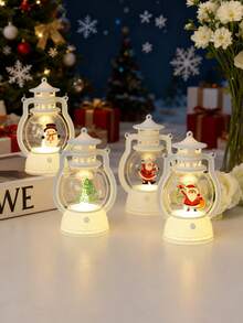 1 felinar mini cu LED din plastic cu temă de Crăciun, cu capac transparent, decor de sărbători adorabil cu Moș Crăciun, om de zăpadă și alte elemente de Crăciun, design vintage de felinar cu bază iluminată, potrivit pentru decorarea de Crăciun, decorațiuni de Crăciun, cadouri de Crăciun