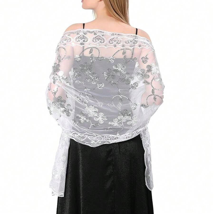 Shawls And Wraps For Evening Dresses,Women Formal 1920s Sequin Flower Sheer Shawls And Wraps For Wedding-{"Color_name":"White"} - 白色 - 查看 1