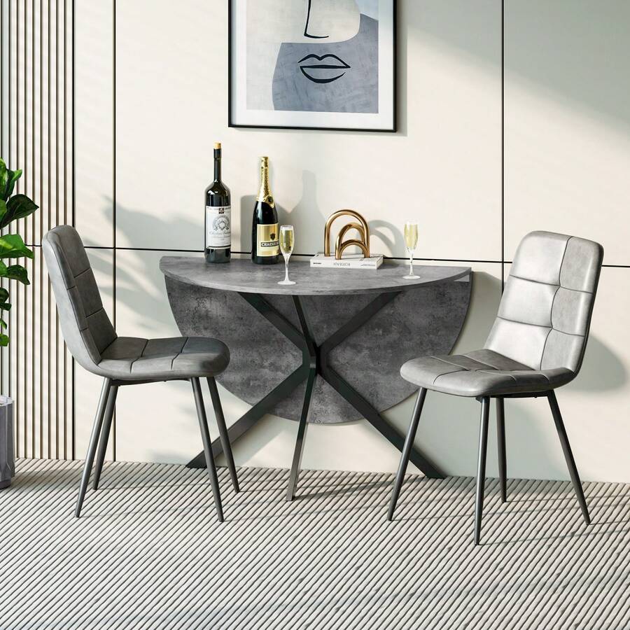 Jooli H Folding Dining Table And Chairs Set Of 2, Easy Clean Round Dining Table With Padded Chairs Durable Dining Furniture Set Suitable For Dining Room And Kitchen, Concrete Grey Table With PU Grey Chairs