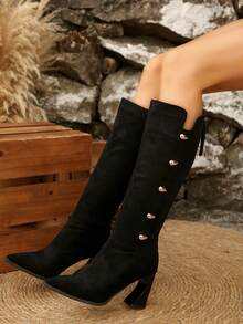 New Arrival Vintage Sexy Slim Chunky Heel Back Zipper Design Knee-High Boots For Women, Pointed Toe Mid-Calf Personalized Street Rider Boots, Versatile Elegant