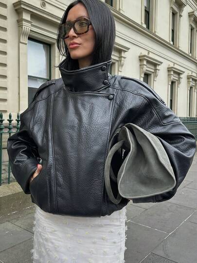 Black Pu Leather Jacket Women Autumn Jacket Coat Winter Clothes Long Sleeve Zip Up Ladies Bomber Jacket Fall Outfits Autumn Outfits Women Coat Streetwear