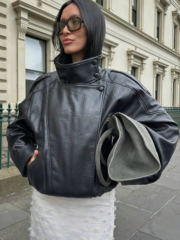 Czarna kurtka ze skóry PU, damska kurtka jesienna, płaszcz, zimowe ubrania, długi rękaw, zapinana na zamek, damska kurtka bomber, jesienne stroje, jesienne stroje, damski płaszcz, odzież uliczna