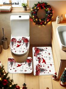 1/3/4pcs Snowflake Snowman Christmas Shower Curtain Bathroom Set ,Waterproof And Wear-Resistant Accessories,With 12 Hooks - Includes Toilet Seat Cover, Bath Mats, And Rugs - Non-Slip Polyester Fabric - Washable - Perfect For Holiday Decor,Home/Bedroom/House/Western Decor, - Multicolor - View 3