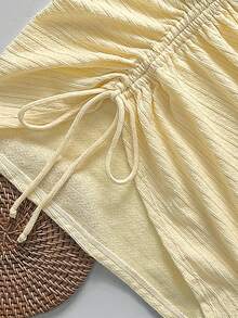 Bikinx 女士三件套度假套装，纯色纹理面料比基尼泳衣，侧边抽绳迷你裙，沙滩夏季装 - 黃色 - 查看 5