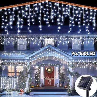 1 Đèn LED năng lượng mặt trời ngoài trời, Đèn LED Giáng sinh hình viên băng, Dây đèn rèm năng lượng mặt trời 3,5m/7m 96/160LED, Chống nước IP65 8 chế độ dùng trong nhà ngoài trời Giáng sinh, Tiệc tùng, Đám cưới, Ban công, Sân vườn, Trang trí nhà cửa (Trắng ấm/Trắng/Nhiều màu)