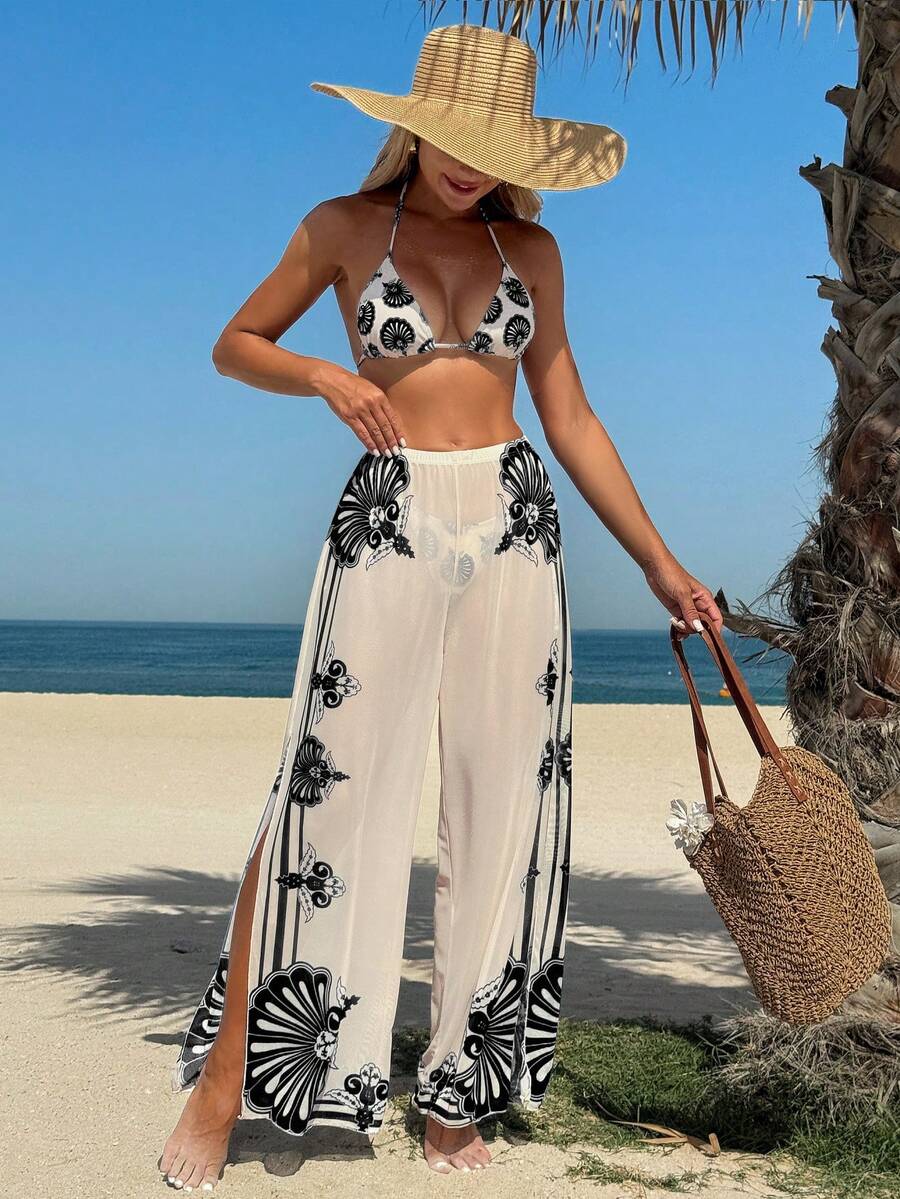 Bộ bikini 3 món dành cho nữ, kiểu buộc dây cổ sau, kèm quần lưới in họa tiết, phong cách Bohemian, họa tiết hoa, thích hợp cho kỳ nghỉ hè ở bãi biển. - Nhiều màu - Xem 1
