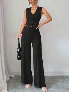 2pcs Women's Business Slim Fit Sleeveless Vest And Straight Leg Pants Set, Suitable For Daily Commute And Office Wear