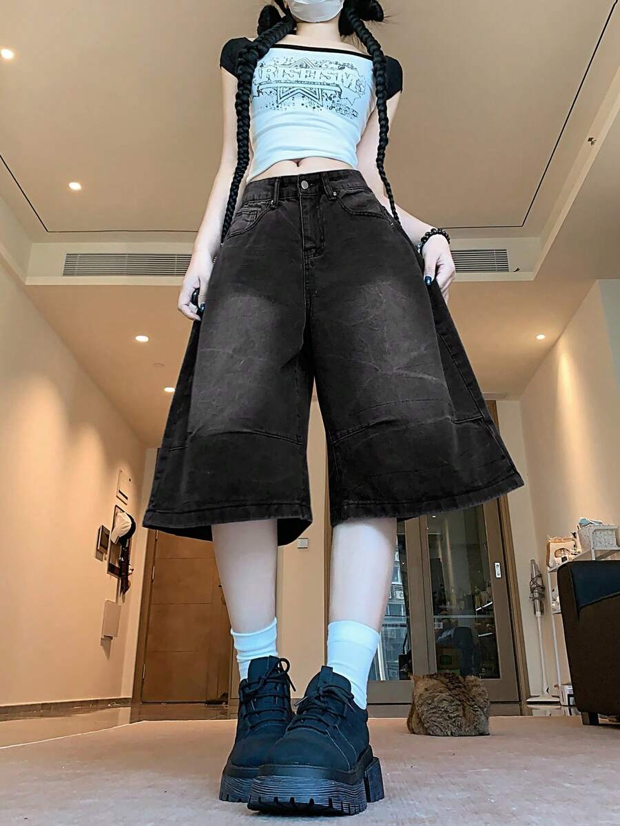 女士休闲高腰阔腿七分牛仔裤 - 黑色 - 查看 1