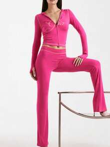 Mantos Casual Fall Outfits Women  Two Piece Sets  Long Sleeve Tops Match Long Pants Sets Sports Outfits For Women Graphic Print Going Out Outfit - 玫紅色 - 查看 6