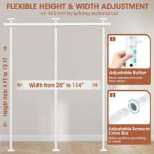 Room Divider No Drilling Curtain Rod Wall Divider For Room Separation, 4-10ft(H) 28-114inch(W) Adjustable, Heavy Duty Partition Space Separator Freestanding Tension Curtain Stand, White,23023577 - White - View 2