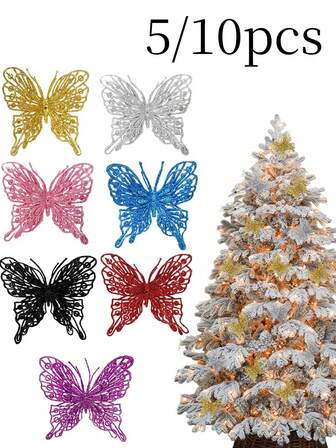 5/10pcs Christmas Tree Butterfly Decorations, Glittering Hollow Butterfly Decorations, Christmas Butterfly Wall Hanging Decorations For Christmas Trees, Fireplaces, Festival DIY Wreaths, Handicrafts, Home Large Vase Decorations, New Year Artificial Flowers