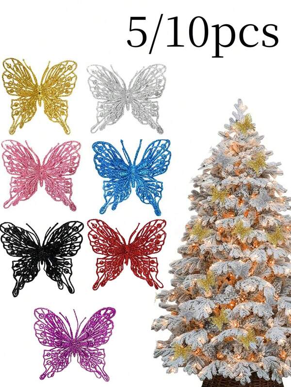 5/10pcs Christmas Tree Butterfly Decorations, Glittering Hollow Butterfly Decorations, Christmas Butterfly Wall Hanging Decorations For Christmas Trees, Fireplaces, Festival DIY Wreaths, Handicrafts, Home Large Vase Decorations, New Year Artificial Flowers