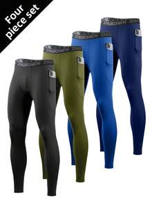4 - Pack Men's Compression Leggings With 2 Side Pockets, Soft Quick - Dry Breathable High - Elastic Pants For Fitness, Yoga, Running, Cycling, Ball Sports - Multicolor - View 1