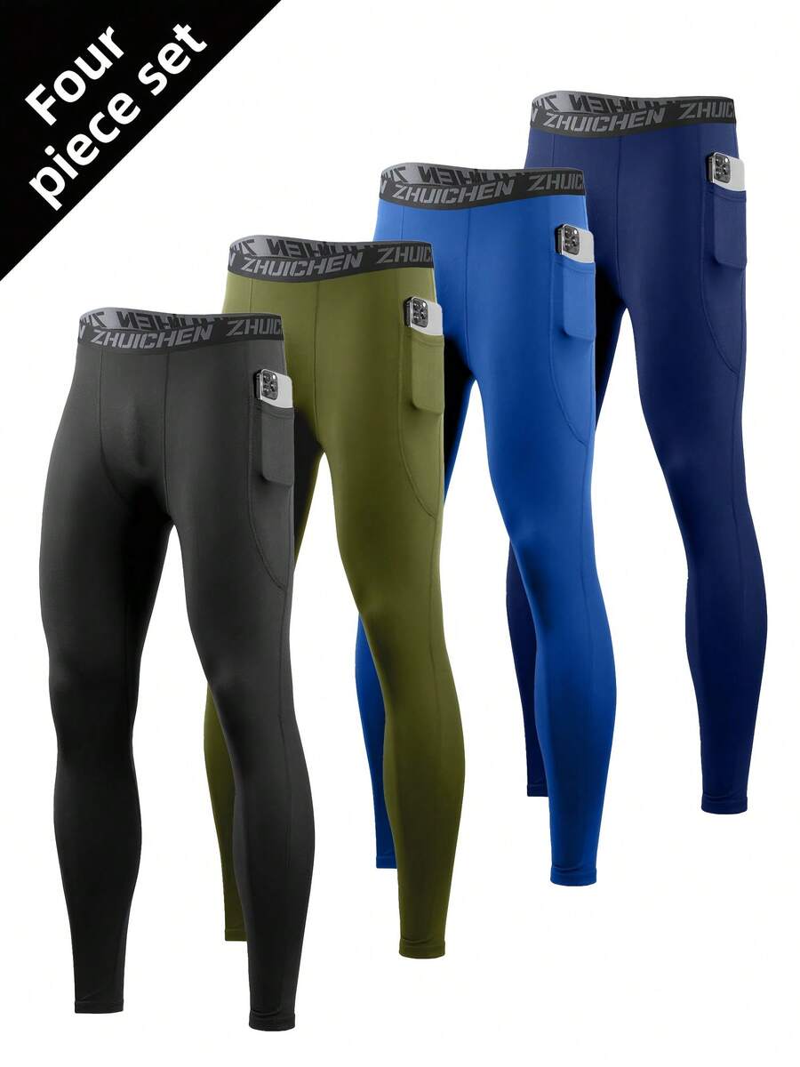 4 - Pack Men's Compression Leggings With 2 Side Pockets, Soft Quick - Dry Breathable High - Elastic Pants For Fitness, Yoga, Running, Cycling, Ball Sports - Multicolor - View 1