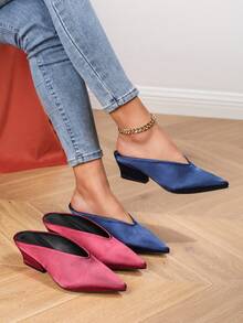Mules à bout pointu, talon épais, talon moyen, polyvalentes, élégantes, confortables pour soirée, travail, tenue décontractée, bordeaux - Rouge foncé - Voir 7