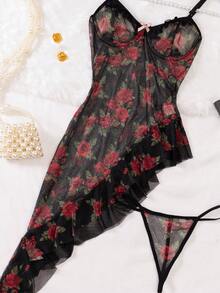 2 件蕾丝网印花透明性感内衣套装，不对称荷叶边下摆交叉带长裙和短裤睡衣 - 綠色 - 查看 12