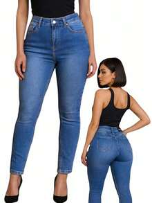 Vaqueros ajustados con push up en forma de corazon de mezclilla azul de cintura alta para mujer con bolsillos, casuales y bonitos, de largo largo, ligeramente elásticos. - Azul lavado medio - Ver 3