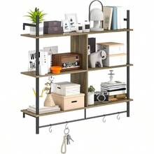 Floating Shelves, 104CM Wall Mounted Ladder Shelf With 4 Hooks, Rustic Hanging Display Shelf Living Room, Entryway, Kitchen, Rustic Brown - Grey Wood Effect - View 2