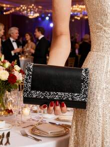 Geantă de mână cu clapă decorată cu sclipici, geantă de mână din piele PU, poșetă formală pentru petreceri, geantă de umăr cu lanț, geantă la modă