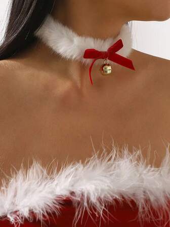 1pc Elegant Christmas Red Bow Furry Choker Necklace, Suitable For Women On Any Occasion