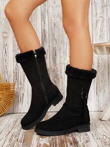 Botas de media pantorrilla con forro térmico para mujer, tallas 35-42, unicolor, parte superior de tela con ribete de piel, negro, suela gruesa y cálida, adecuadas para oficina, exterior, invierno, pantuflas de interior cálidas - Botas negras de media pantorrilla - Ver 6