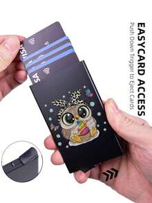 Portofel ultra-subțire din aluminiu cu blocare RFID pentru bărbați și femei - Suport de card pop-up cu design negru drăguț cu bufniță, protecție antifurt, potrivit pentru carduri de credit de afaceri, portofel mic cu carduri pentru femei
