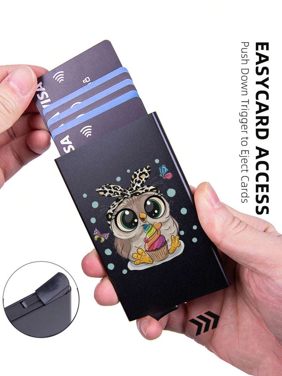 Portofel ultra-subțire din aluminiu cu blocare RFID pentru bărbați și femei - Suport de card pop-up cu design negru drăguț cu bufniță, protecție antifurt, potrivit pentru carduri de credit de afaceri, portofel mic cu carduri pentru femei