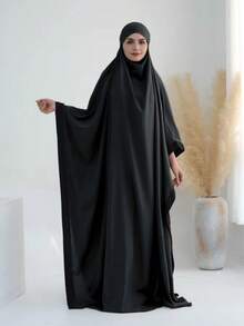 1pc New Elegant Nida Patchwork Trim Black Abaya Hijab, Loose Comfortable Conservative Tie-Up Convenient Headscarf, Suitable For Women's Daily Wear And Prayer - Multicolor - View 12