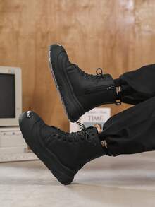 Black Boots For Women, High-Top Versatile Boots With Matte Finish, Warm All-Season Casual Workwear Boots, Zipper Closure, Plus Size