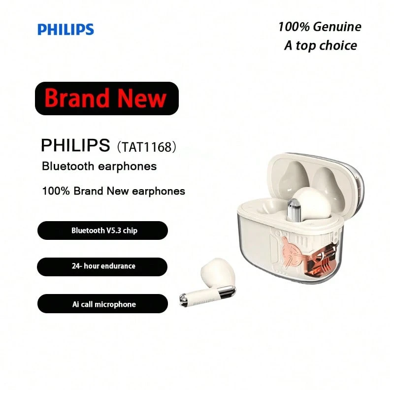 全新飞利浦真无线蓝牙5.3耳机，适用于通话、运动、跑步和重低音音乐 TAT1168