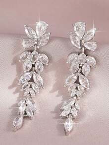 1pair Elegant Leaf Flower CZ Women Long Wedding Earrings With AAA Cubic Zirconia Dangle Earrings Jewelry - 銀級 2 - 查看 10