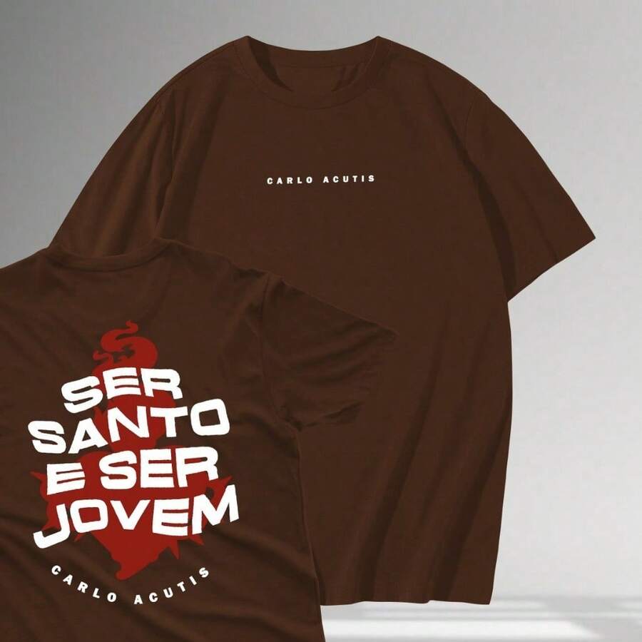 Camiseta T-Shirt Cristã 100% Algodão Carlo Acutis - Marrom - Visão 1