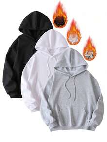 Men's Velvet Hoodie Solid Color Winter Warmth Three Pieces Outdoor Casual Hooded Pullover, Fall Clothes, Long Sleeve Tops - Multicolor - View 1