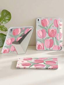 Pink Tulip Pattern Protective Case, Compatible With IPad 10th Gen, 10.2", Mini 6", Mini 7", And 9.7" Models. Also Compatible With Samsung Galaxy Tab A9 Plus. Features 3+Y Folding Design, Reinforced Silicone Corners, Auto Wake/Sleep Function, And Built-In Stylus Slot. - Multicolor - View 9