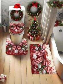 مجموعة هدايا تشمل ستارة حمام للزينة الشتوية والعيد بتصميم الكرات والسنديان والفرنسية والثلج بألوان أحمر وأخضر، قابلة للغسيل، ستارة نافذة الحمام، تشمل 12 خطاف و غطاء مقعد مرحاض مانع للانزلاق بشكل حرف U