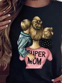 Maycaur Women Cartoon Mom Mother  Girl Print Mother Lady T-Shirts Casual Top T Shirt Ladies Womens Graphic Female Tee T-Shirt - 黑色 - 查看 1