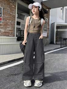 Quần tiện dụng kiểu mới cho bé gái, quần dài trơn màu thường ngày dành cho bé gái tuổi teen lớn hơn - Xám - Xem 6