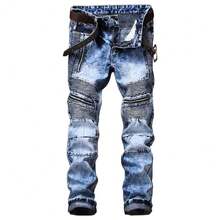 AITITIA Men's Biker Zipper Deco Washed Straight Fit Jeans{"Size_name":"42","Color_name":"LightBlue"} - Màu xanh da trời - Xem 1