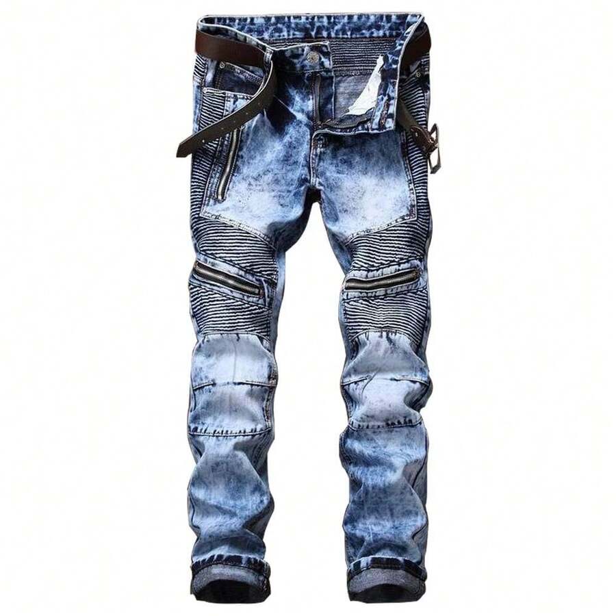 AITITIA Men's Biker Zipper Deco Washed Straight Fit Jeans{"Size_name":"42","Color_name":"LightBlue"} - Màu xanh da trời - Xem 1