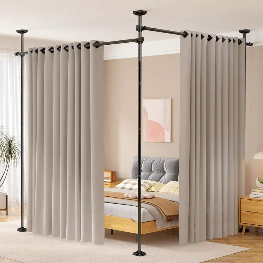 Room Divider No Drilling Curtain Rod Wall Divider For Room Separation, 4-10ft(H) 28-114inch(W) Adjustable, Heavy Duty Partition Space Separator Freestanding Tension Curtain Stand, Black,23023576 - 黑色 - 查看 1