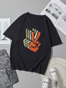 Casual Short Sleeve T-Shirt Black Colorful Hand Gesture Print for Daily Wear - Negro - Ver 2